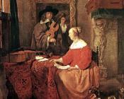 A Woman Seated at a Table and a Man Tuning a Violin - 加布里埃尔·梅特苏